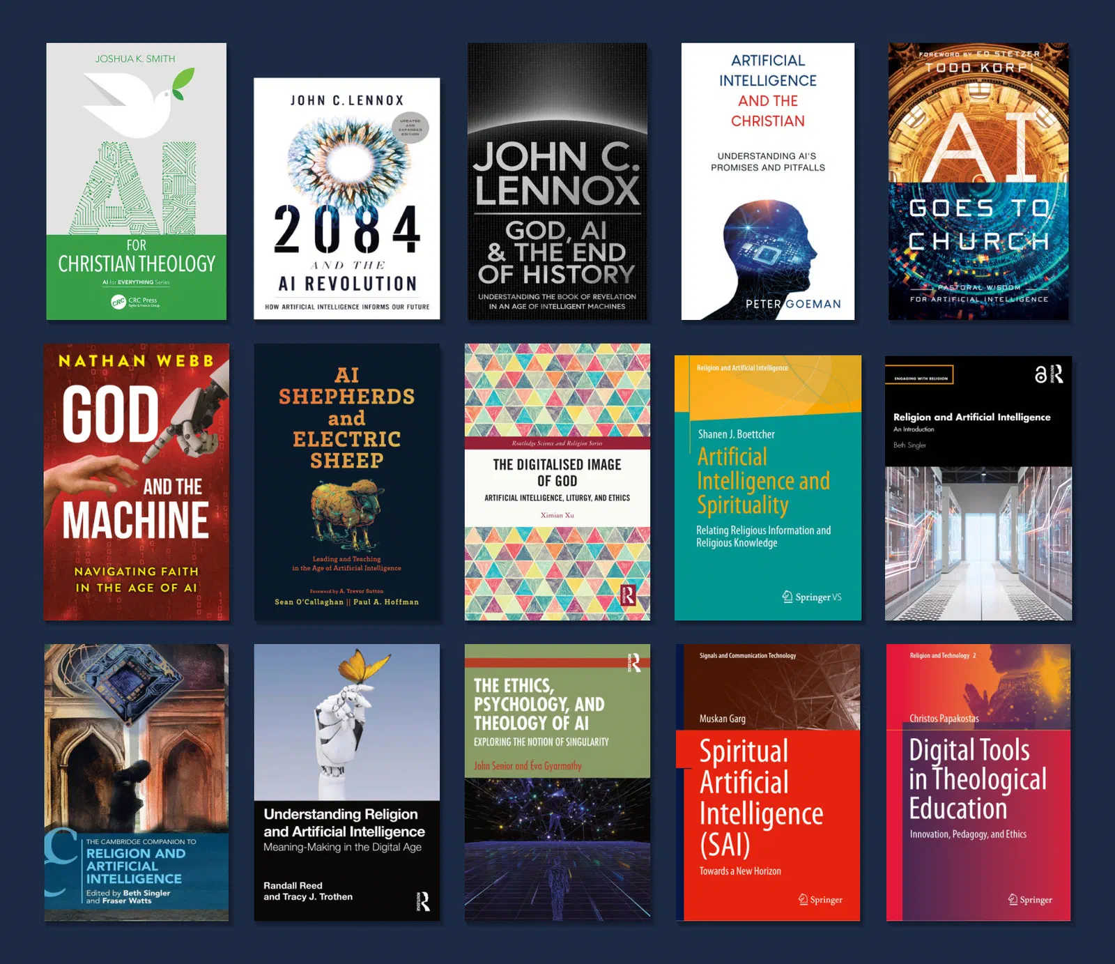 Обложки 15 книг о вере и искусственном интеллекте, изданных в 2024–2026 годах